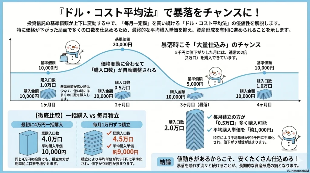 ドルコスト平均法の仕組みを解説する図。毎月定額積立によって、暴落時に購入口数を自動的に増やし、平均購入単価を抑えるメリットを比較したイラスト。